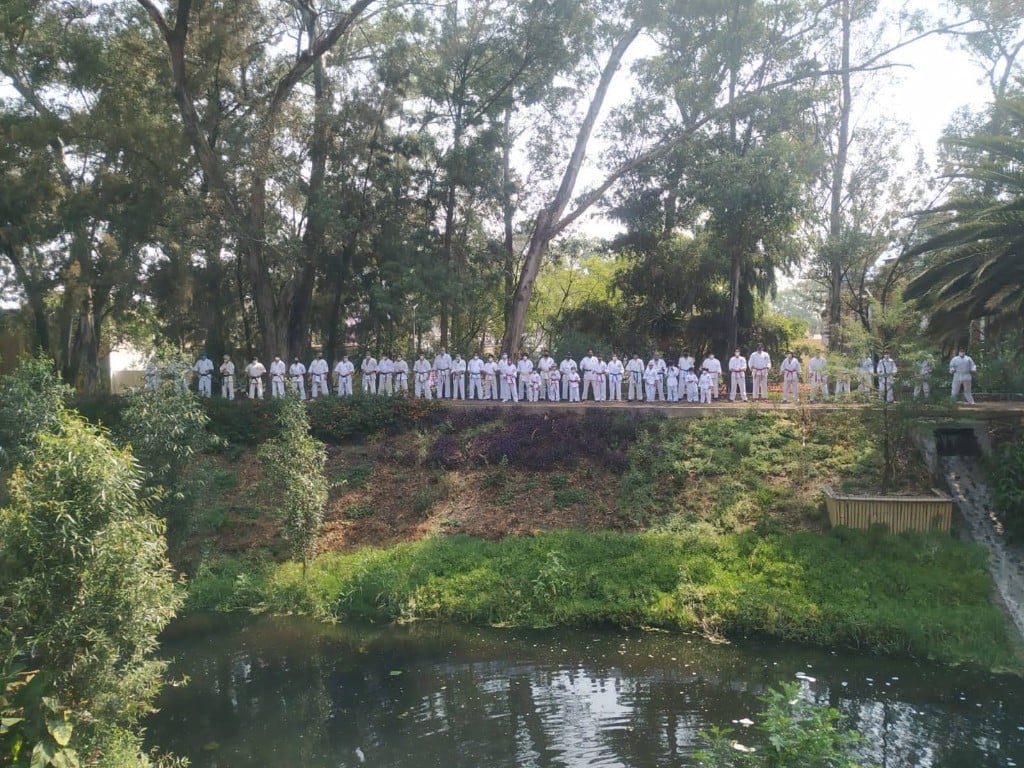 Formación de practicantes en la orilla del agua del parque