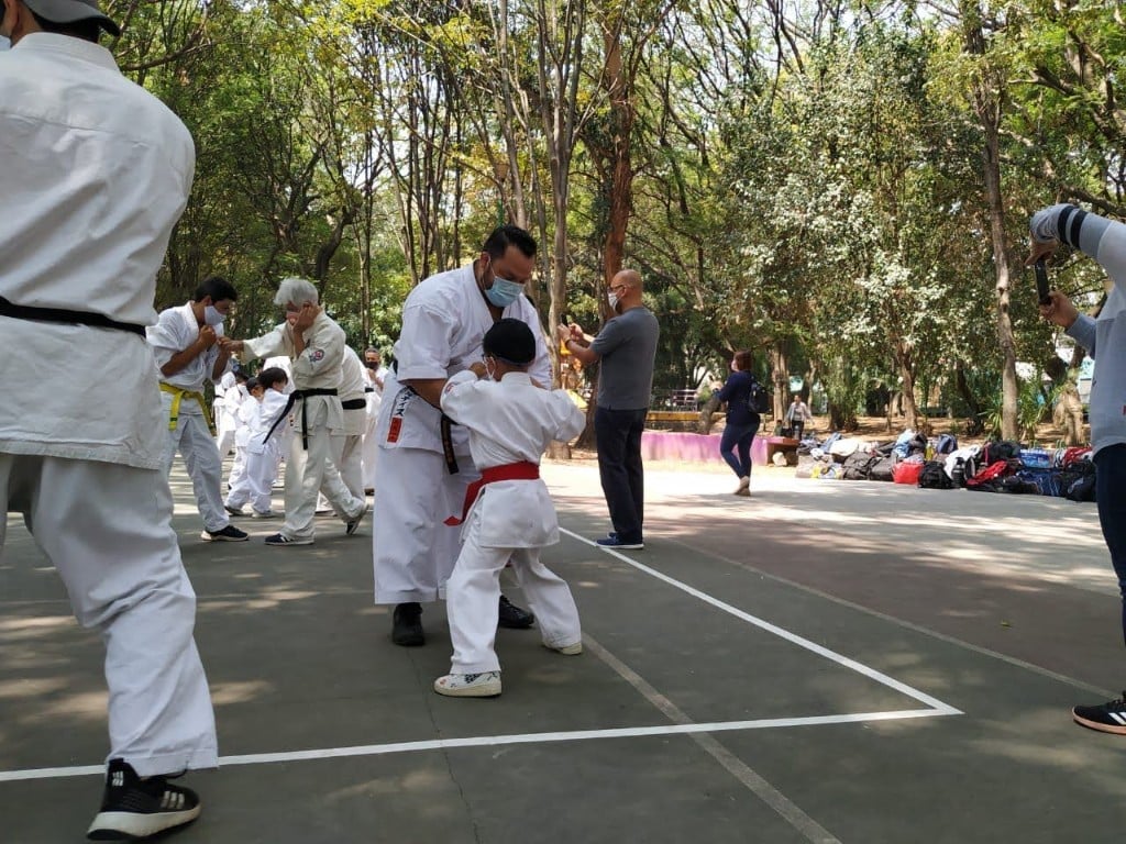 Trabajo de kihon entre instructor y alumno infantil